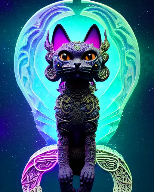 Image similar to 3 d ornate carved dark cosmic kitty with profile portrait, sigma 5 0 0 mm f / 5. beautiful intricate highly detailed quetzalcoatl skull. bioluminescent, plasma, lava, ice, water, wind, creature, thunderstorm! artwork by tooth wu and wlop and beeple and greg rutkowski, 8 k trending on artstation