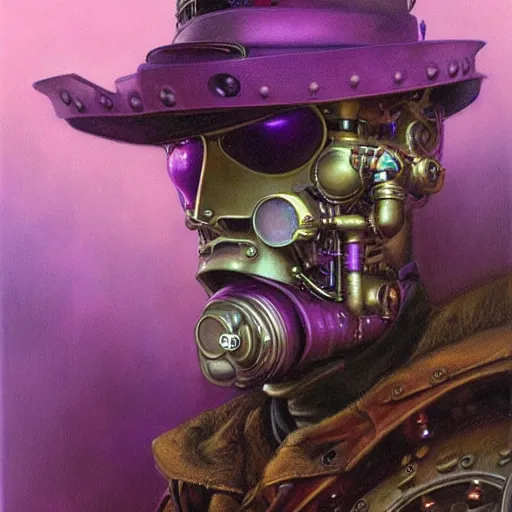 Image similar to portrait of an steampunk android that emits purple fog, by donato giancola