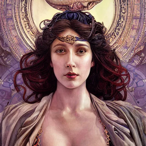 Image similar to an art nouveau, multi - ethnic and multi - racial portrait in the style of charlie bowater, and in the style of donato giancola, and in the style of charles dulac. very large, clear, expressive, intelligent eyes. symmetrical, centered, ultrasharp focus, dramatic lighting, photorealistic digital painting, intricate ultra detailed background.