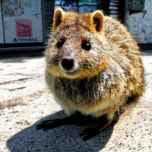 Image similar to a cyberpunk quokka