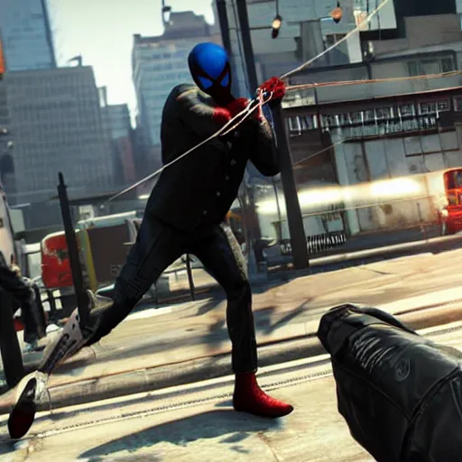 Prompt: Screenshot from the PC game Payday 2 demonstrating the Spiderman crossover