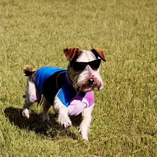 Prompt: a Biewer terrier wearing sunglasses and running through a field of grass, realistic