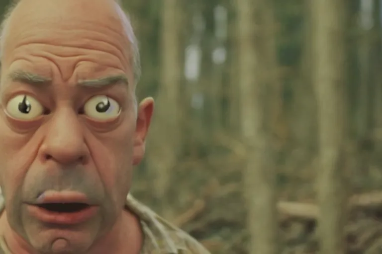 Prompt: A still of Homer Simpson in The Blair Witch Project,