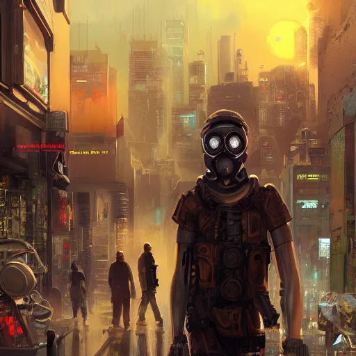 Prompt: Guy in a Gasmask, Cyberpunk city, street vendors, citizens, augmented cyborgs, robots, skyscapers, buildings, clouds, sunset, painted by seb mckinnon, high detail, digital art, trending on artstation