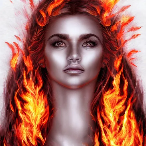 Image similar to artistic drawing of beautiful female face, with skin from flames, hair from flames, eyes from flames, body from flames and everything else made entirely from flames, trending on Artstation