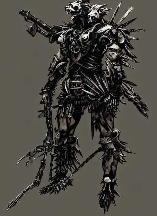 Image similar to Full body portrait of a gnoll warrior with a armour made of bones. In style of Yoji Shinkawa and Hyung-tae Kim, trending on ArtStation, dark fantasy, great composition, concept art, highly detailed, dynamic pose.