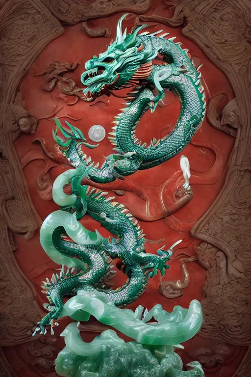 Image similar to a chinese dragon carved from translucent jade, dynamic pose standing on a marble pedestal, intricate details, intricate textures, warm lighting, vivid colors, smoke and mist, realistic octane render, hyper realistic render, volumetric shading, depth of field, raytracing, 8 k,