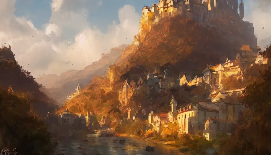 Image similar to a beautiful establishing shot of the duchy of toussaint, warm colors by greg rutkowski and kalin popov, trending on artstation, masterpiece,