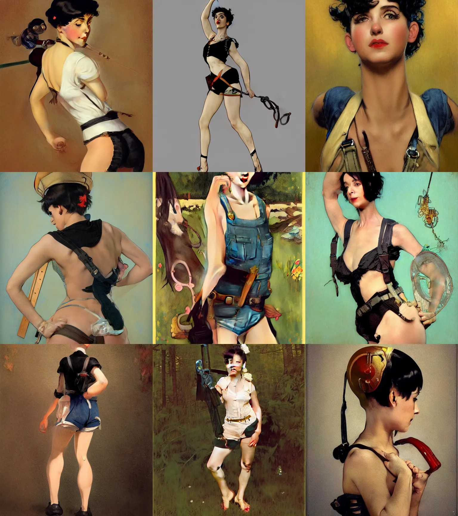 Prompt: a girl with black hair pixie cut in shorts with suspenders drawn by norman rockwell, frank frazetta, peter paul rubens, alphonse mucha, gustav klimt 4k, unreal 5, DAZ, trending on artstation, octane render, hyperrealistic