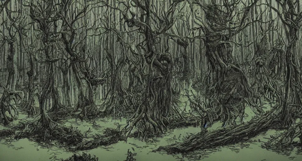 Image similar to A dense and dark enchanted forest with a swamp, by Raymond Briggs