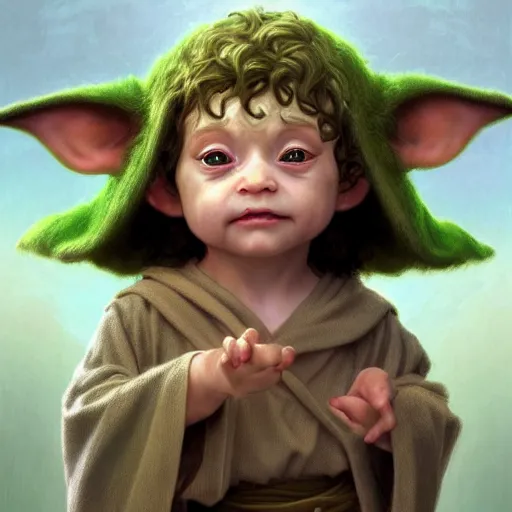 Prompt: baby yoda in the role of frodo baggins, intricate, elegant, highly detailed, digital painting, artstation, concept art, smooth, sharp focus, illustration, art by artgerm and greg rutkowski and alphonse mucha and william - adolphe bouguereau