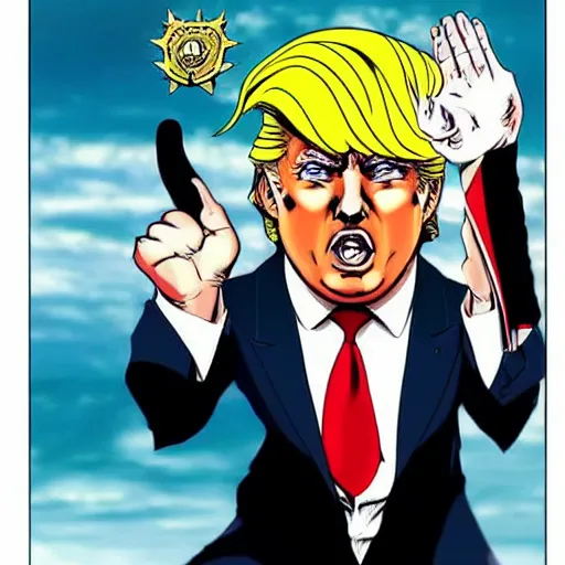 Prompt: Donald trump in JoJo’s bizarre adventure manga, the menacing symbols can be seen above his head