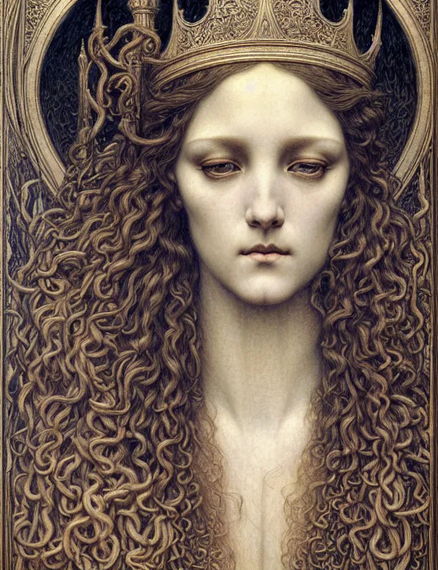 Image similar to detailed realistic beautiful young medieval queen face portrait by jean delville, gustave dore and marco mazzoni, art nouveau, symbolist, visionary, gothic, pre - raphaelite. horizontal symmetry