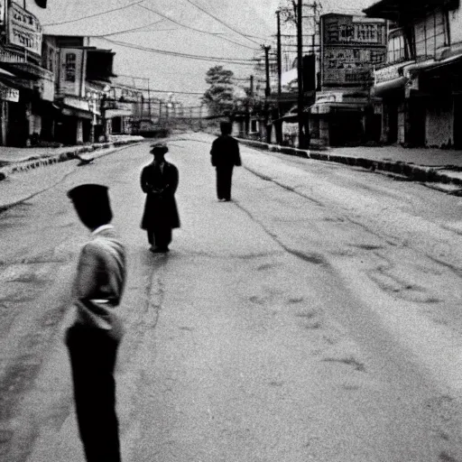 Image similar to 1950s Korean thriller film noir, a view of Shin Sang-ok in the middle of an empty scene, 35mm film, Cooke Varotal 20-100 T3.1