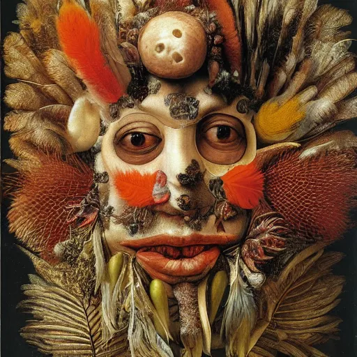 Image similar to a face covered in feathers by giuseppe arcimboldo, oil on canvas