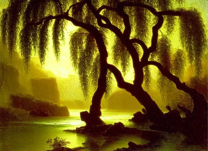 Image similar to oil painting of a willow tree next to a raging river by albert bierstadt, beautiful lighting