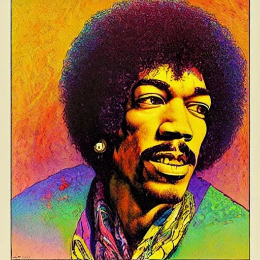 Image similar to colorfull artwork by Franklin Booth showing a portrait of Jimi Hendrix