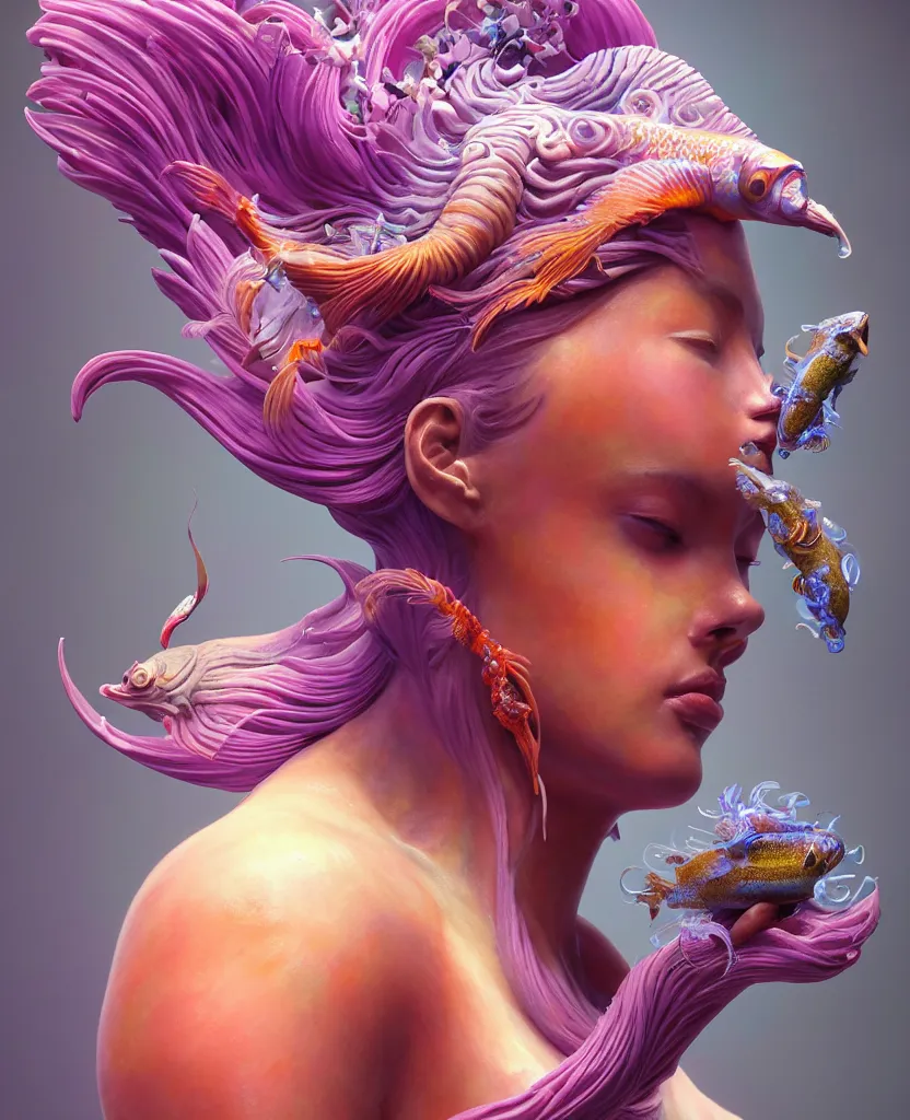 Image similar to goddess full color painted acryllic sculpture close-up portrait. orchid bird phoenix head, nautilus, skull, betta fish, bioluminiscent creatures, intricate artwork by Tooth Wu and wlop and beeple. octane render, trending on artstation, greg rutkowski very coherent symmetrical artwork. cinematic, hyper realism, high detail, octane render, 8k