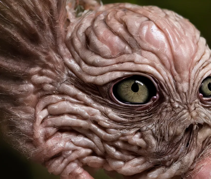 Prompt: a high resolution photo of a complex head, grown together various animal eyes, amphibia hairless veins wrinkles morphing nature documentary, cracked plastic wrap, insect gills morph scales merged in fur skin, wrinkled muscles skin, veins merged feet head, displacement, distorted animal head face eyes arms tail 1 5 0