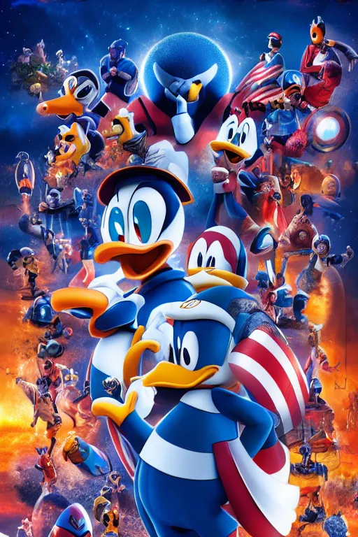 Image similar to donald duck starring in a marvel end game, movie poster, extremely detailed, polished cgi, 8 k