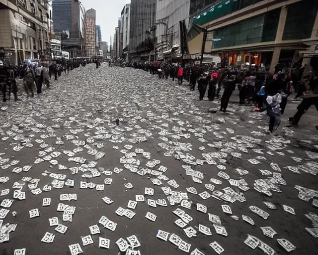 Image similar to a swarm of money in the city. the hand of god is in the sky. people running for their lives. terrorist attack.