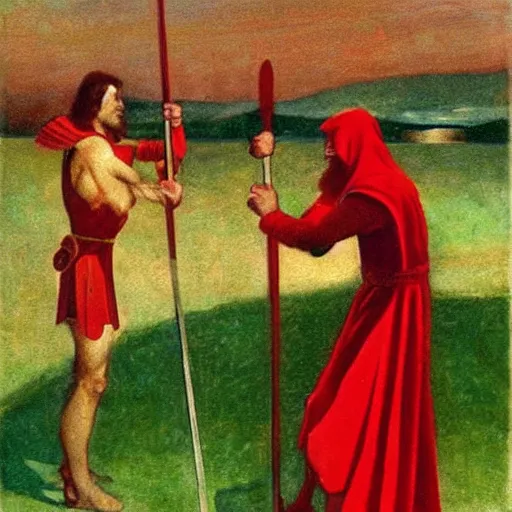 Image similar to “Spartans in battle uniform jumping on trampoline red robe and cape swinging spear swords shield Greece Hercules in the style of Edward hooper”