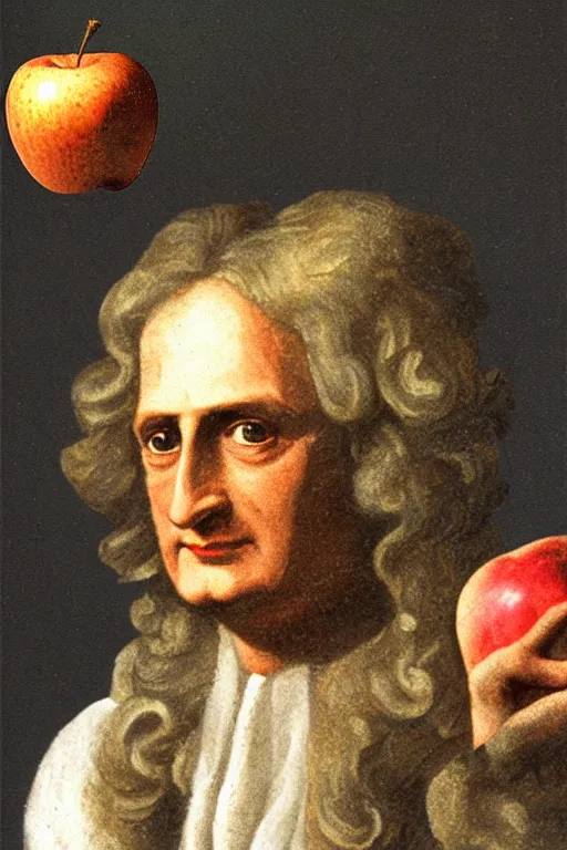 Image similar to isaac newton holding an apple, collage