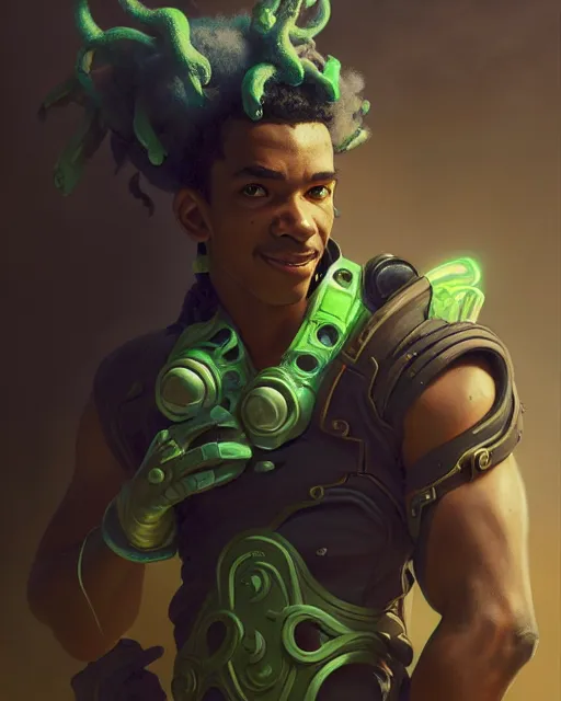 Image similar to lucio from overwatch, character portrait, concept art, intricate details, highly detailed by greg rutkowski, michael whelan and gustave dore