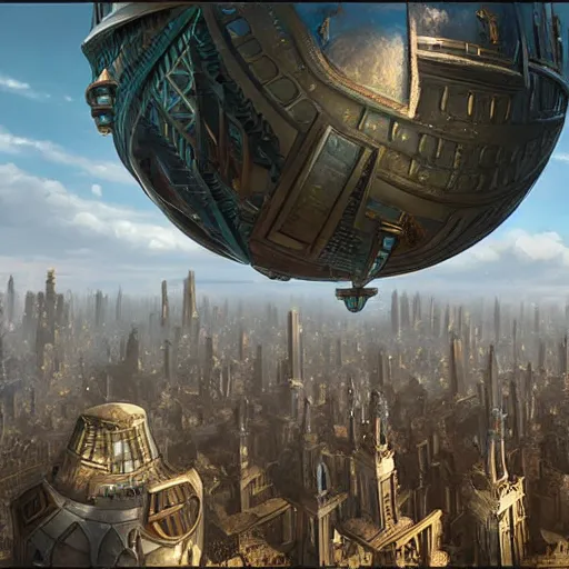 Image similar to enormous flying city in a faberge egg, sky, steampunk, fantasy art, masterpiece, unreal engine, hugh ferriss