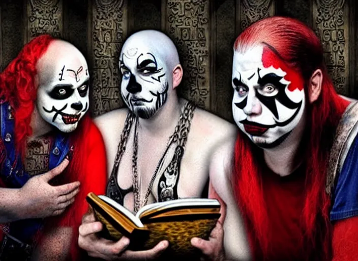 Image similar to Juggalos reading the bible, photo realistic, 8k, detailed,