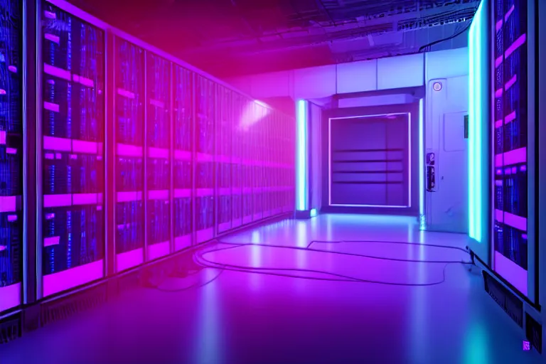 Image similar to realistic robot in a data server room, neon and dark, purple and blue color scheme, by dan mumford and malevich, beeple, fusion 3 d art