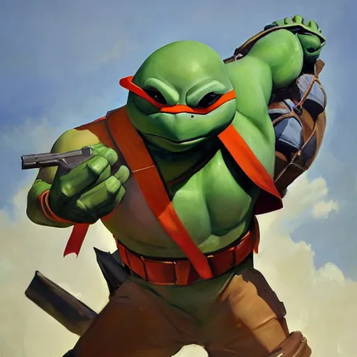 Image similar to greg manchess portrait painting of a teenage mutant ninja turtle, medium shot, asymmetrical, profile picture, organic painting, sunny day, matte painting, bold shapes, hard edges, street art, trending on artstation, by huang guangjian and gil elvgren and sachin teng