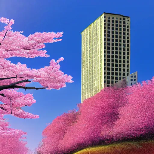 Image similar to cherry blossoms wrapping around a tall sky rise building in an abandoned city, digital art highly detailed, award winning