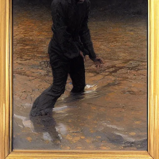 Prompt: man stuck in liquid black asphalt, digital painting by Gaston Bussiere, photorealistic