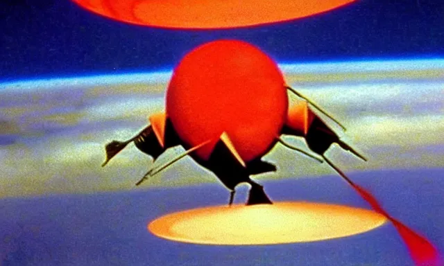 Prompt: full - color cinematic movie still from a 1 9 6 8 surreal film directed by salvador dali about astronauts traveling to the moon in a rocket - ship. bizarre ; dream - like.