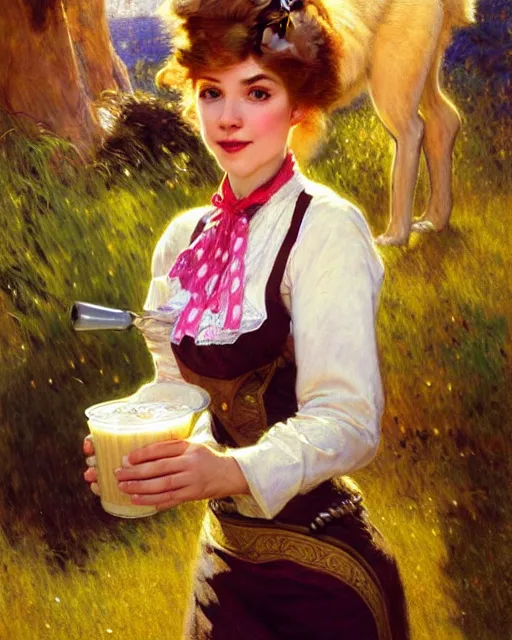 Image similar to portrait of a white female anthro wolf waitress serving milkshakes, 4 k, trending on artstation, very expressive detailed feminine face, energetic, bright colors, happy, by gaston bussiere, craig mullins, j. c. leyendecker, gustav klimt, artgerm, greg rutkowski, alphonse mucha