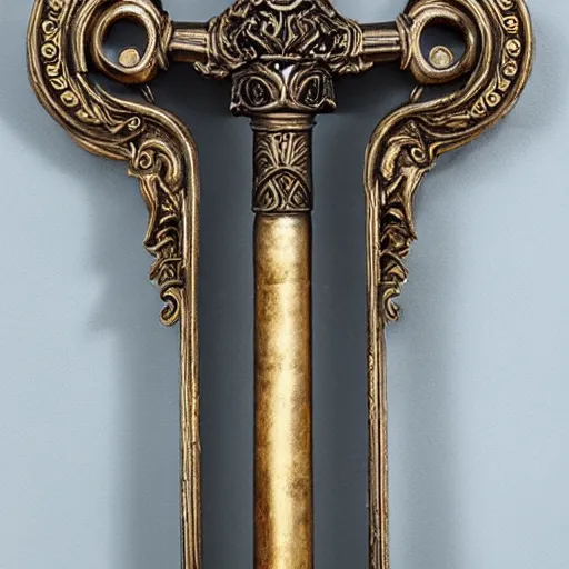 Image similar to sword of justice hanging on a wall, ornate gem in pommel, engraved blade