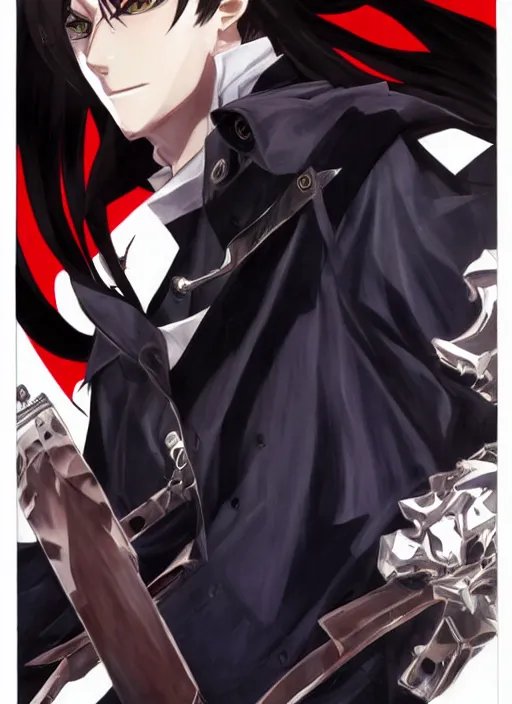 Image similar to portrait by shigenori soejima, handsome male vampire, focus on face, holding a sword, long black hair, dark blue shirt, light brown coat, red - eyes,