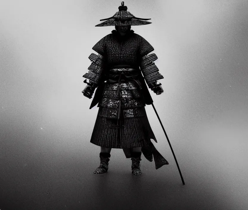 Image similar to '2d design graphic a samurai in the night ,big white moon background , gloomy and foggy atmosphere, octane render, artstation trending, horror scene, highly detailded style of Moebius, black and white ink '