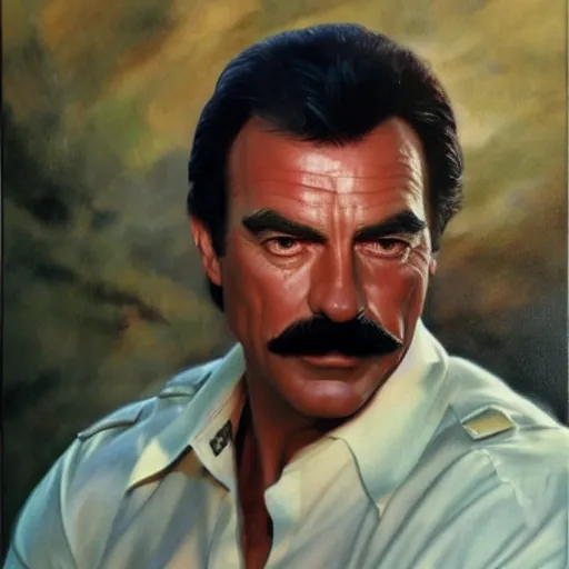 Image similar to ultra realistic portrait painting of tom selleck, art by frank frazetta, 4 k, ultra realistic, highly detailed, epic lighting