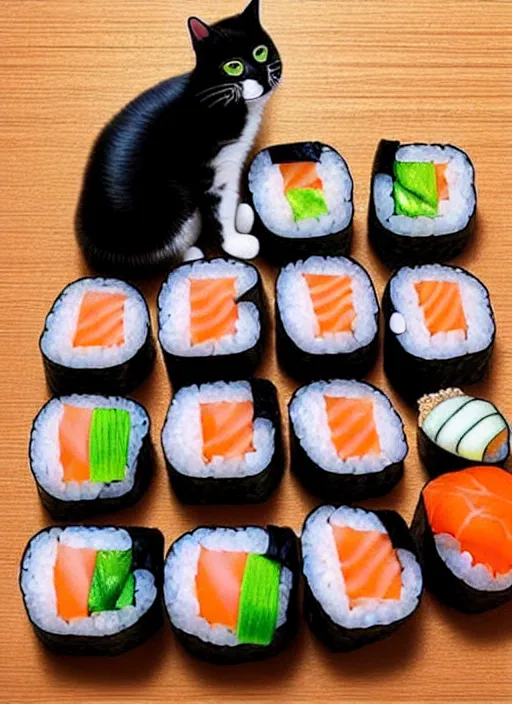 Image similar to clear photorealistic picture of adorable cats made out of sushi