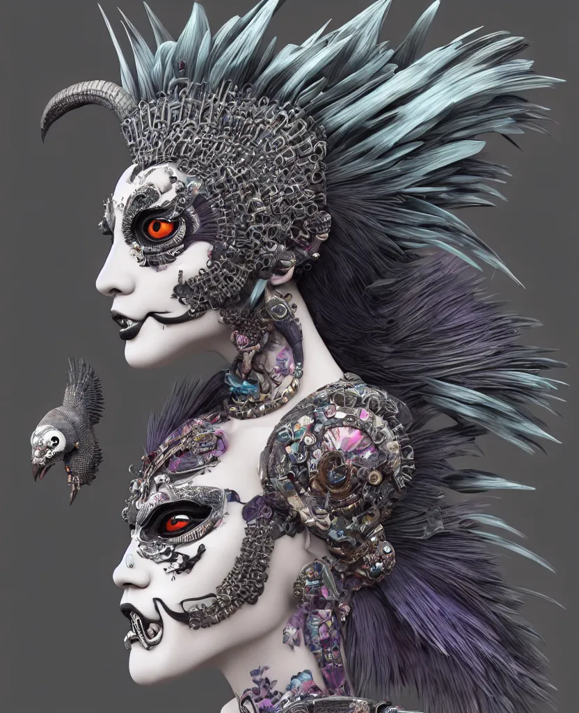 Image similar to 3 d goddess close - up profile portrait punk with mohawk with ram skull. beautiful intricately detailed japanese crow kitsune mask and clasical japanese kimono. betta fish, jellyfish phoenix, bio luminescent, plasma, ice, water, wind, creature, artwork by tooth wu and wlop and beeple and greg rutkowski