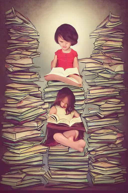 Prompt: a little girl sits cross legged on top of a tall pile of books. she is reading. clean elegant pretty cartoon painting, beautiful detailed face, storybook illustration.