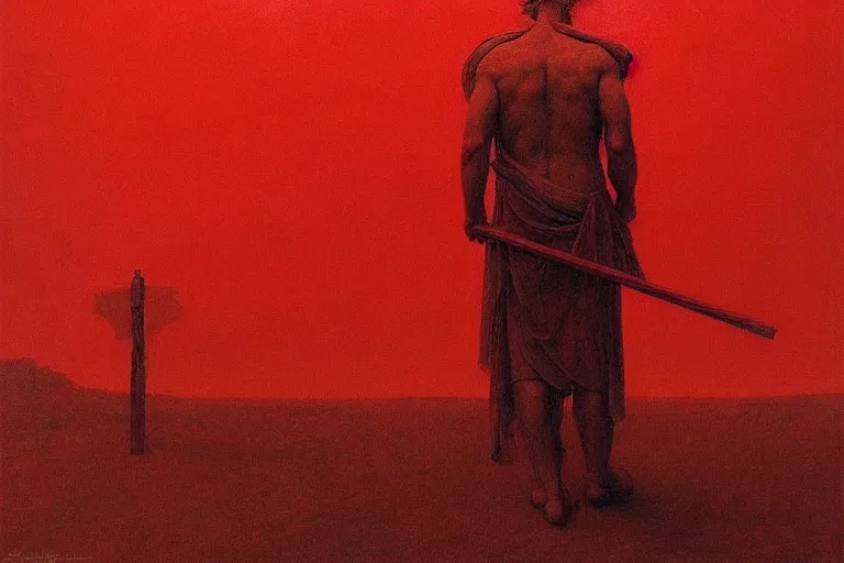 Image similar to only with red, caesar after war, a red tiger, in hoc signo vinces, rome in background, an ancient path, in the style of beksinski, part by hopper, part by rodcenko, part by hofbauer, intricate composition, red by caravaggio, insanely quality, highly detailed, masterpiece, red light, artstation