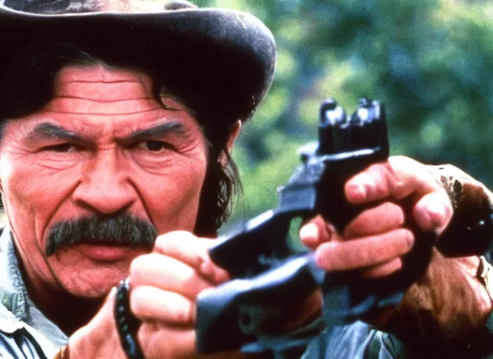 Prompt: film still of Charles Bronson pointing a pistol in the new City Slickers movie, 4k