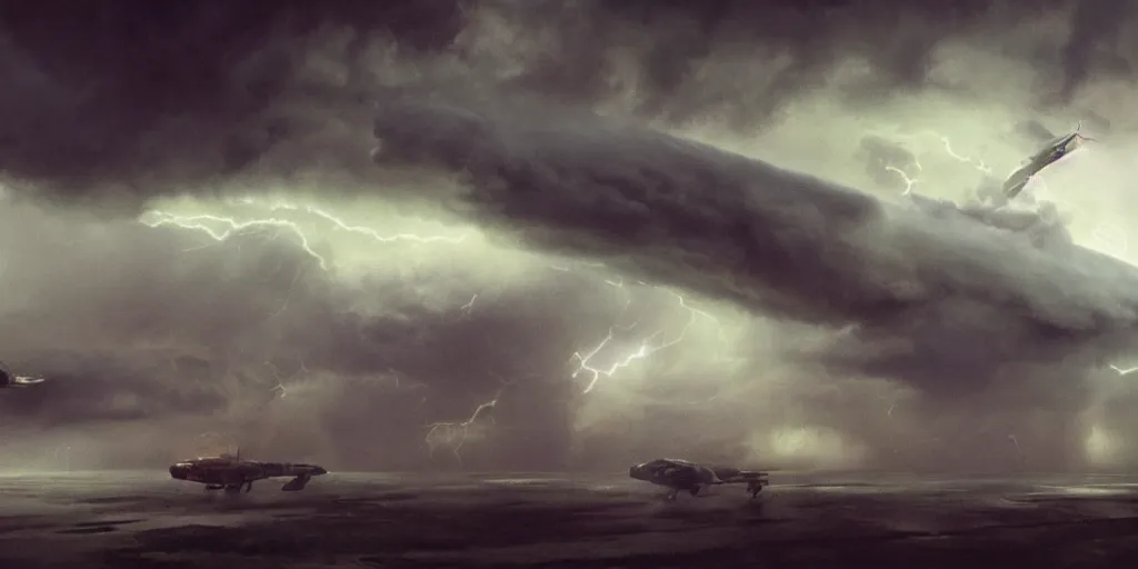 Prompt: screenshot from a renaissance airship cyberpunk cinematic masterpiece, hurricane tornado mist hail debris flying lightning, fps, cinematography, photo, photography, 4 k, by greg rutkowski, roger deakins