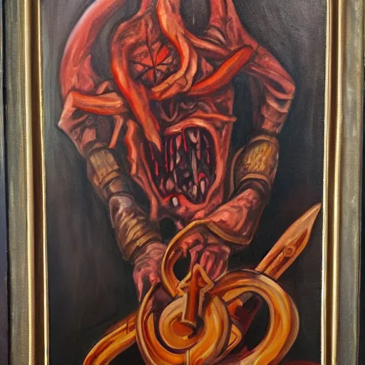 Prompt: Demonic characters and symbols, oil on canvas, detailed