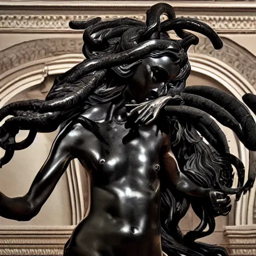 Prompt: a dramatic scene of a medusa statue sculpted in carved ebony by Bernini