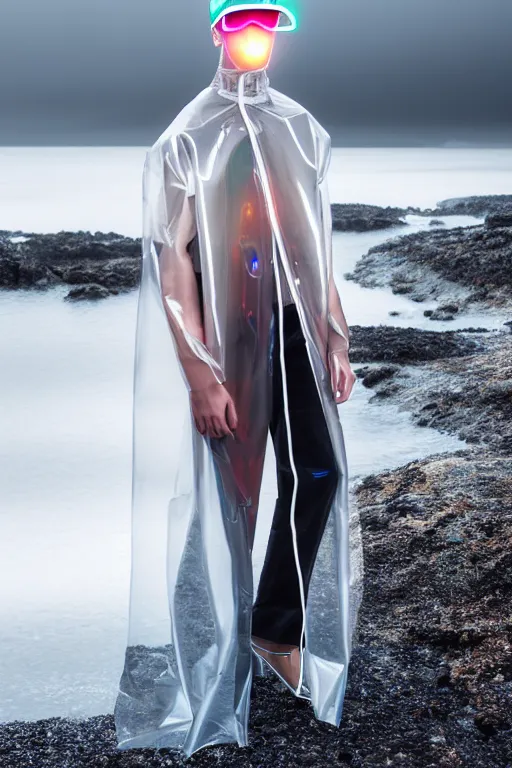 Image similar to an ultra high definition professional high fashion portrait studio full length photograph of a model wearing a transparent pearlescent raincoat and neon visor in an icelandic black rock environment at dawn. no artefacts. extremely detailed. stark. refraction. shallow depth of field. volumetric light and shadow. ray tracing. light rays.