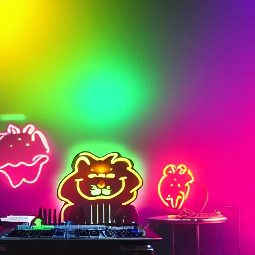 Image similar to black canvas, lion, neon lights, strawberry, dj, volumetric lighting